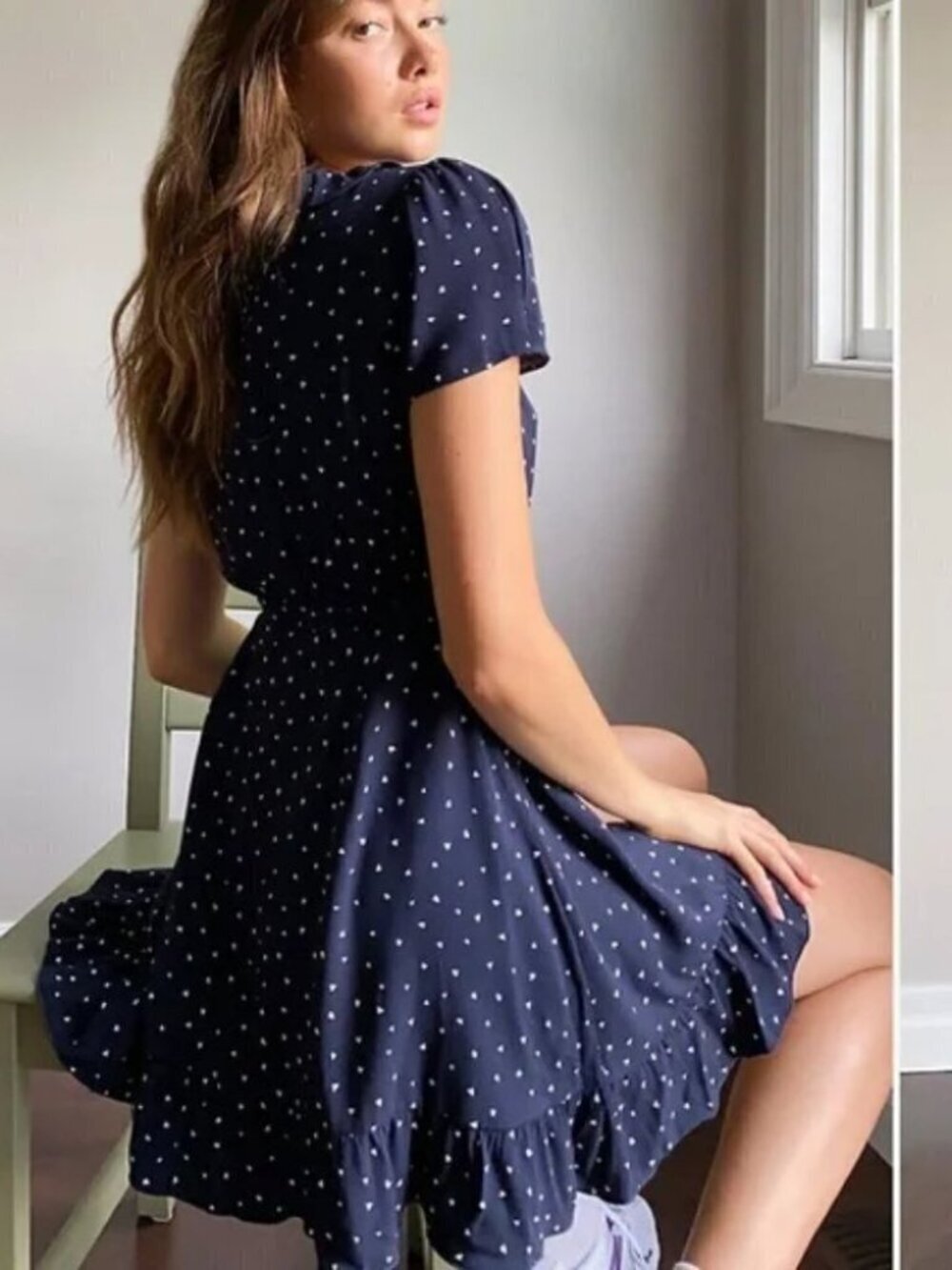 Aritzia Sunday Best New Wrap Dress Ruffle Heart Print Navy Blue Size 0 - Picture 3 of 7